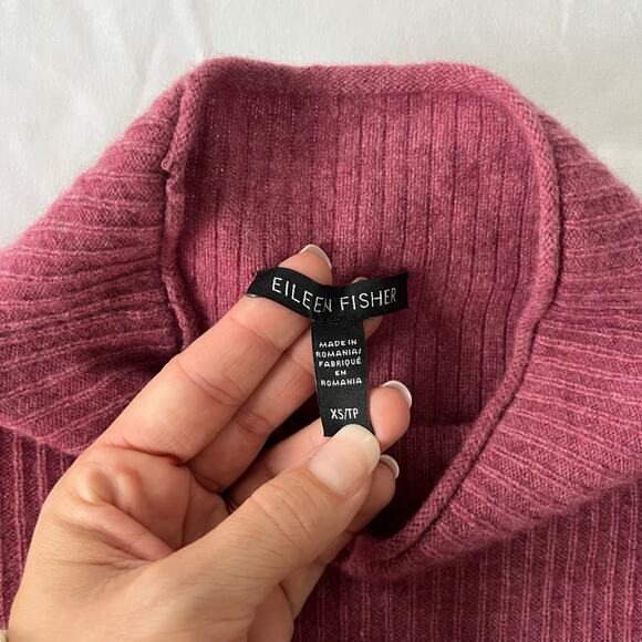 Eileen Fisher Italian 100% Cashmere Ribbed Funnel Neck Top Sweater in Tea Rose - Picture 7 of 10